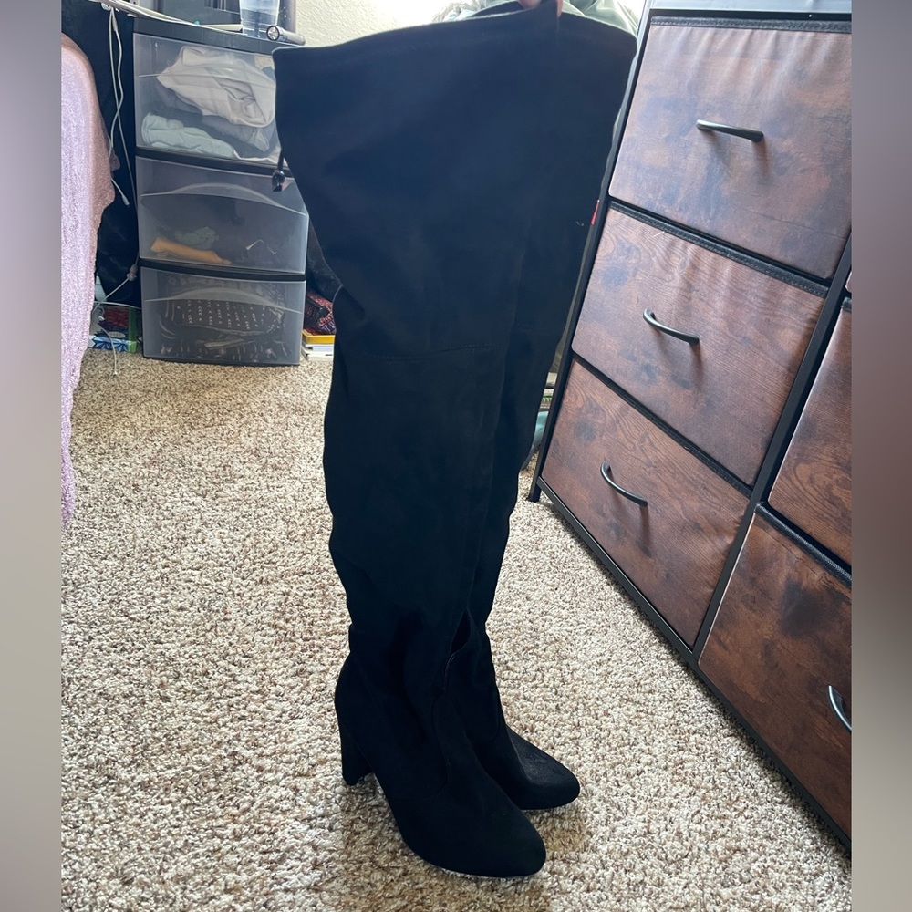 Thigh high black heel boots